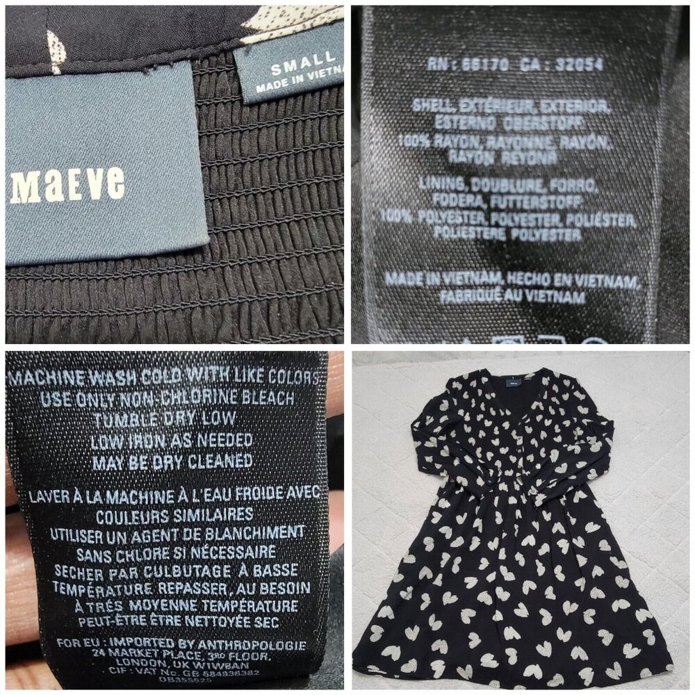 Maeve Womens Black Hearts Smocked Body Long Sleeve Dress V Neck Lined Size S - Picture 8 of 10
